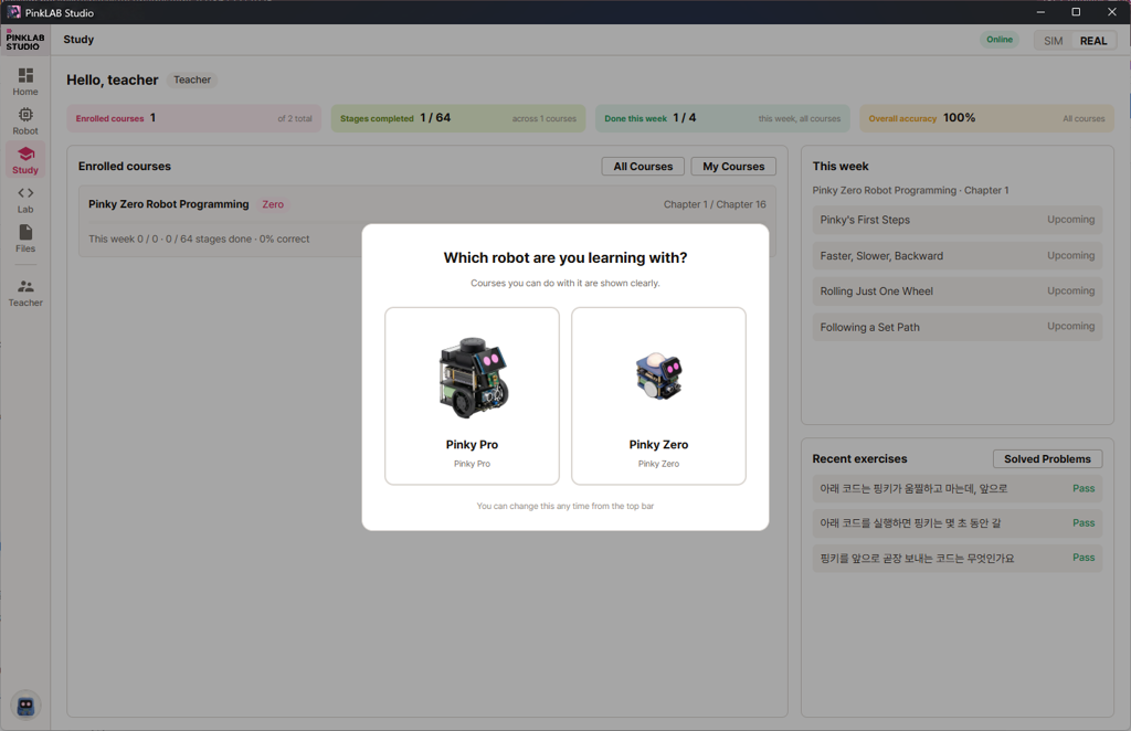 PinkLAB Studio learning dashboard