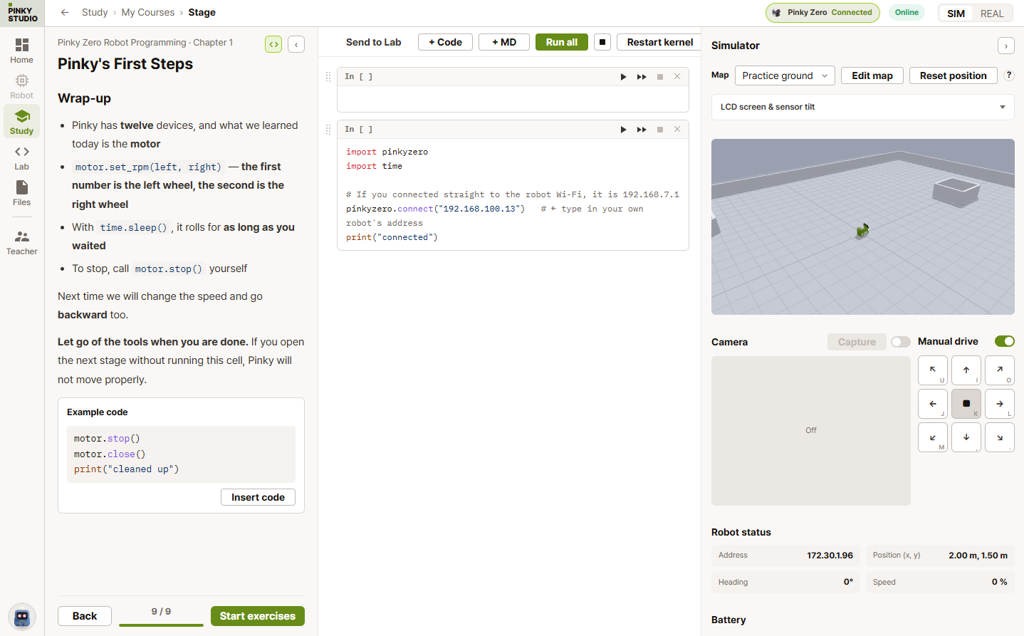 Pinky Studio coding lessons · Simulator