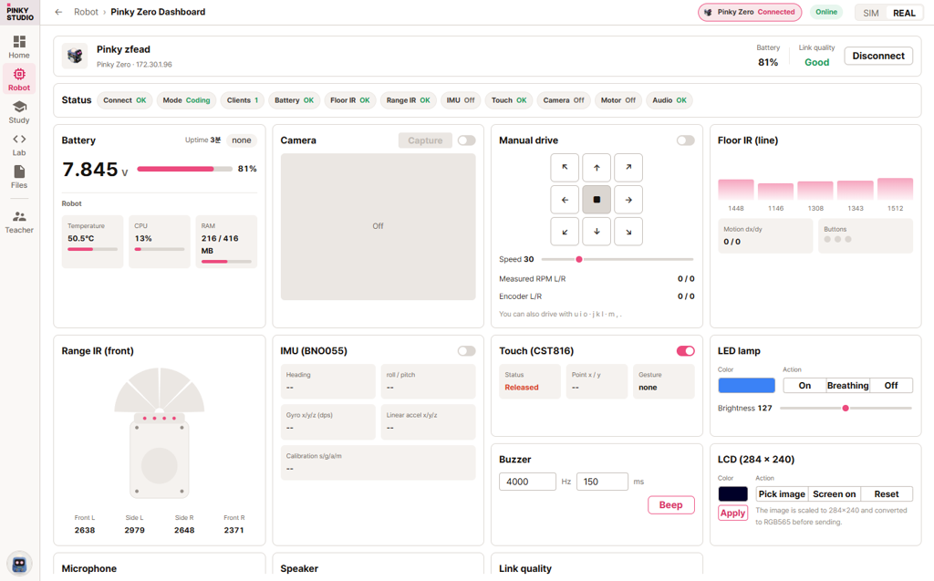 Pinky Studio robot dashboard