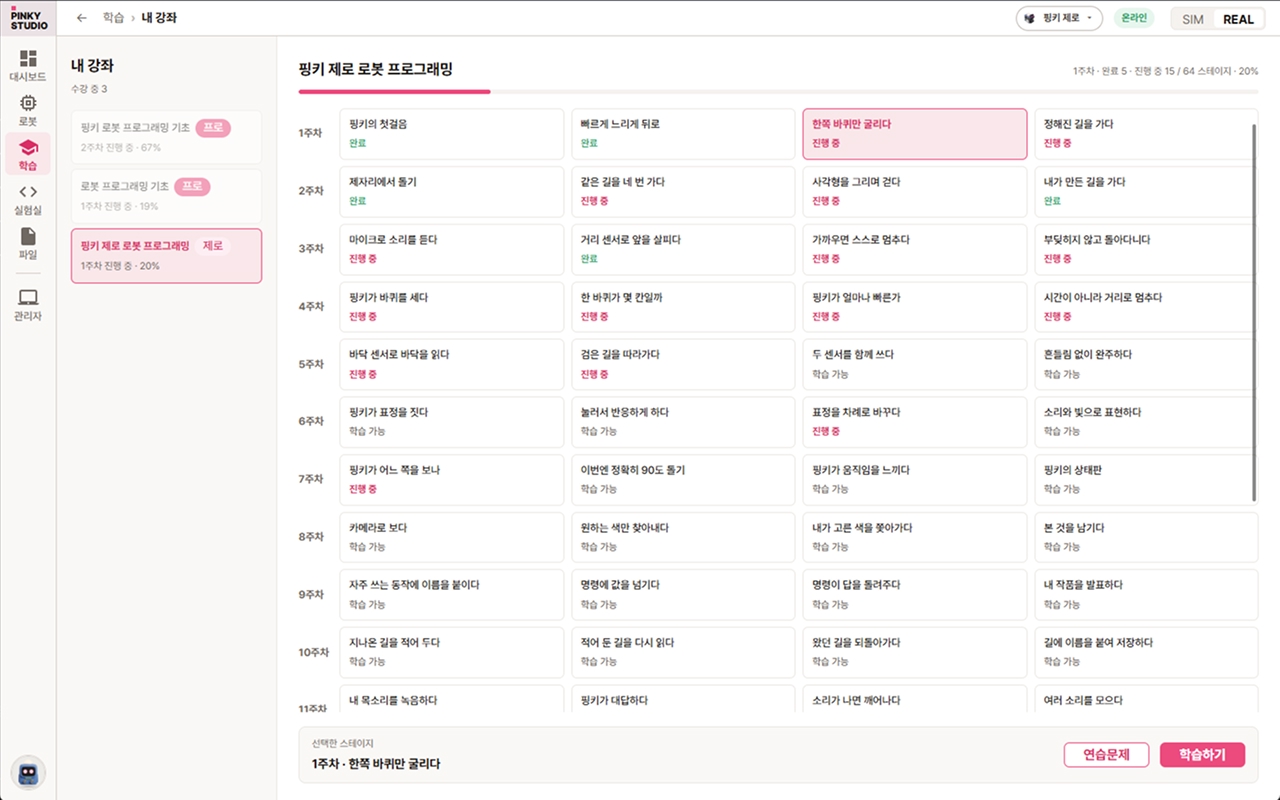 Pinky Studio 커리큘럼 · 주차별 스테이지