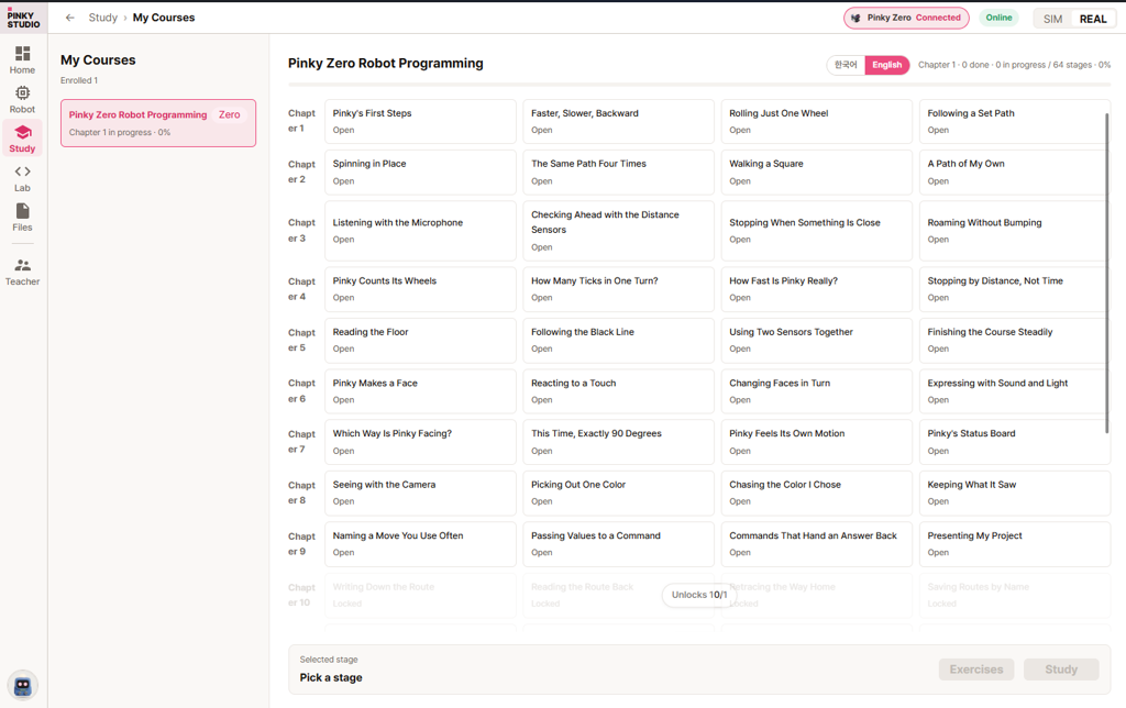Pinky Studio curriculum · Weekly stages
